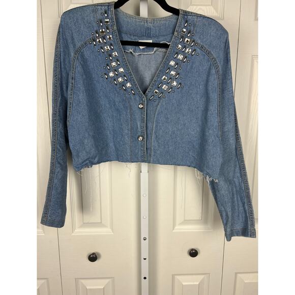 Vintage 80s Western Denim Cropped Jacket Studded Rhinestone Frayed Large - Picture 9 of 9
